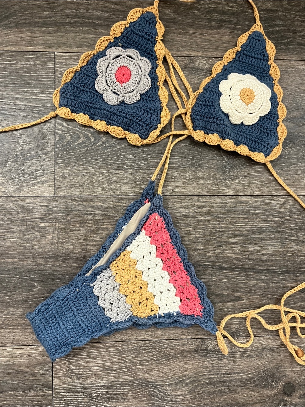 Handmade Crochet Bikini Set with Floral Detail - Blue & Yellow